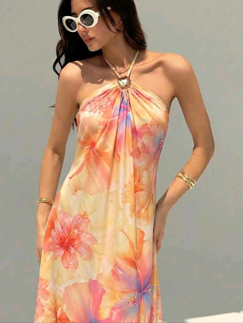 New Champagne Backless Pleated Minimalist Long Dress, Metal Ball Decor - Picture 6 of 6